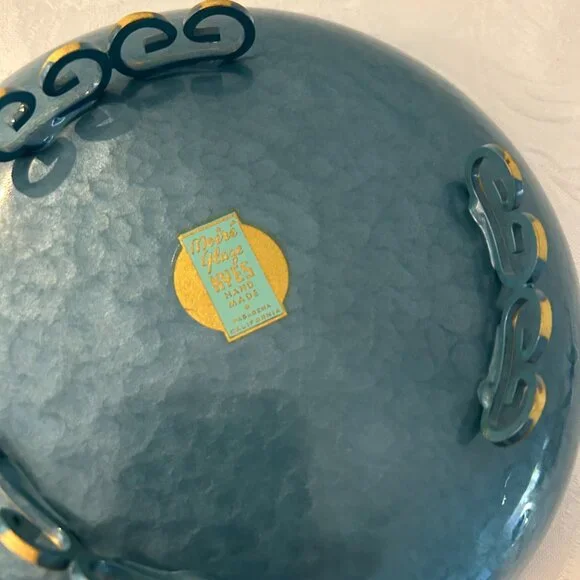 Mid-Century Sea Blue Kyes Greek Key Pedestal Bowl